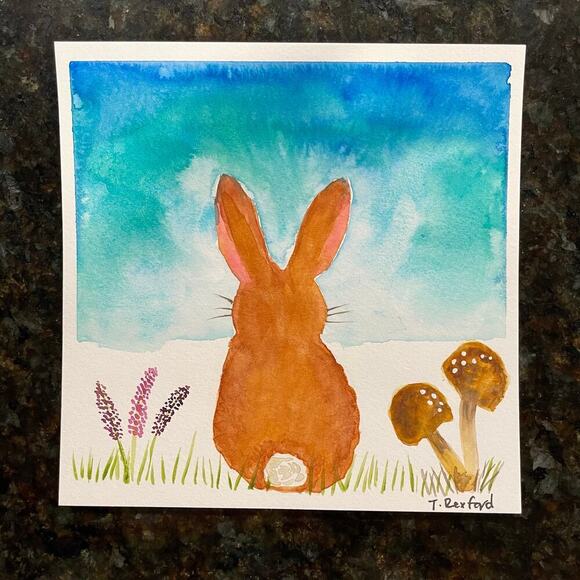 Hand painted watercolor original painting bunny 6x6” - Picture 1 of 1
